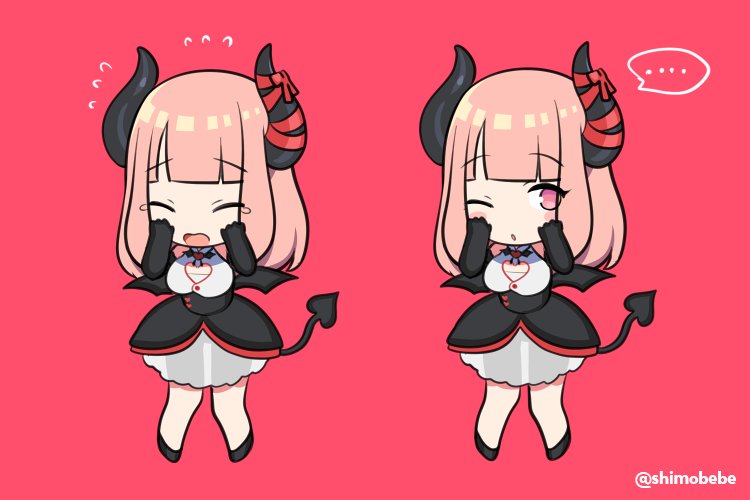 black_gloves black_horns black_skirt black_tail blush breasts chibi cleavage cleavage_cutout commentary_request crying curled_horns demon_girl demon_horns demon_tail demon_wings elbow_gloves eve.ch eve_valerne gloves hands_on_own_cheeks hands_on_own_face high-waist_skirt horn_ribbon horns pink_background pink_eyes pink_hair red_ribbon ribbon see-through shimobebe simple_background skirt succubus tail twitter_username virtual_youtuber wings