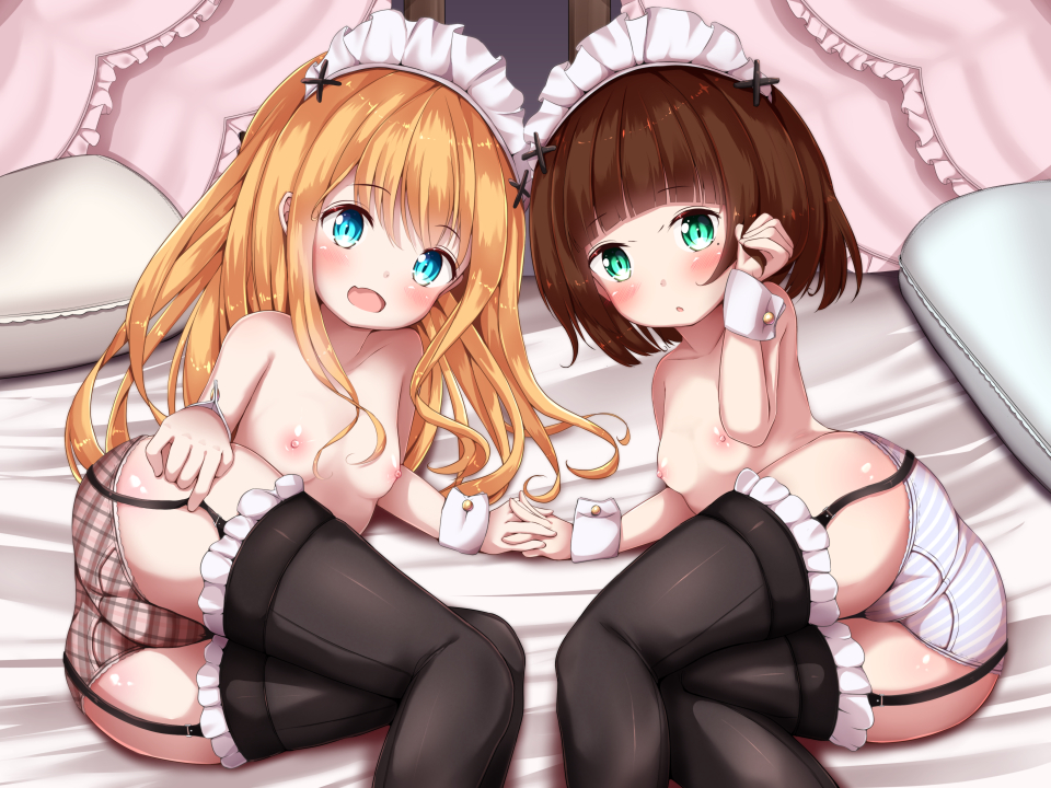 :d ass bangs bed_sheet black_legwear blonde_hair blue_eyes blush breasts brown_hair brown_panties collarbone commentary_request eyebrows_visible_through_hair frilled_legwear garter_straps green_eyes hair_between_eyes hair_ornament interlocked_fingers long_hair looking_at_viewer lying maid_headdress mochiyuki multiple_girls nipples on_side open_mouth original panties parted_lips pillow plaid plaid_panties small_breasts smile striped take_your_pick thighhighs topless underwear underwear_only vertical-striped_panties vertical_stripes very_long_hair wrist_cuffs x_hair_ornament