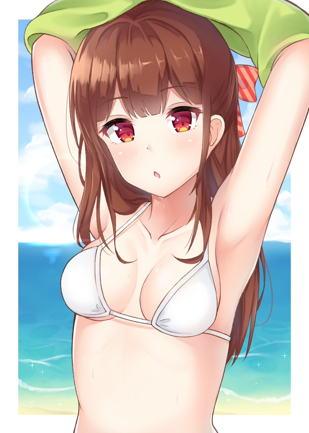 armpits arms_up bangs bare_shoulders bikini blue_sky blush bow breasts brown_hair cloud cloudy_sky collarbone commentary_request day diagonal_stripes eyebrows_visible_through_hair hair_bow highres horizon long_hair ocean original parted_lips red_eyes seventeen_(st17215) sky small_breasts solo striped striped_bow swimsuit undressing upper_body water wet white_bikini