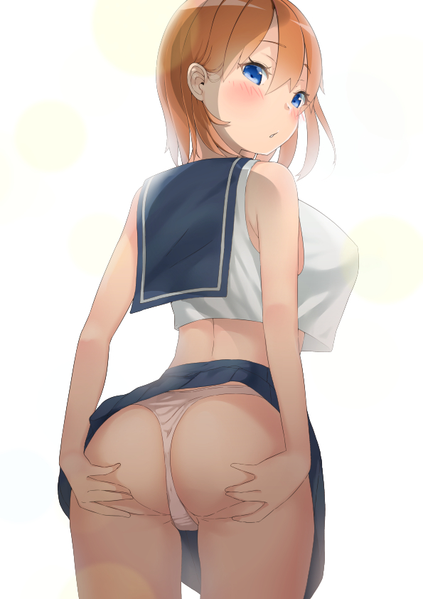1girl artist_request ass ass_grab bare_shoulders blue_eyes blush breasts deep_skin from_behind large_breasts looking_at_viewer looking_back open_mouth orange_hair original panties sailor_collar shiny shiny_hair short_hair sideboob skirt solo underwear