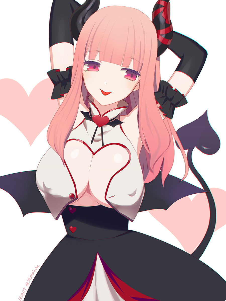 :p arms_behind_head bare_shoulders black_gloves black_skirt black_wings breasts cleavage cleavage_cutout curled_horns demon_girl demon_horns demon_tail demon_wings elbow_gloves eve.ch eve_valerne gloves heart heart_cutout high-waist_skirt highres horn_ribbon horns large_breasts long_hair nipples pink_eyes pink_hair red_ribbon ribbon shimobebe shirt skirt sleeveless sleeveless_shirt solo succubus tail tongue tongue_out virtual_youtuber white_shirt wings