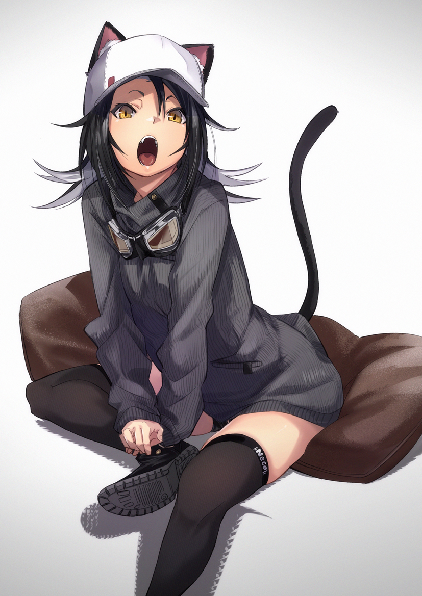 animal_ear_fluff animal_ears bangs baseball_cap black_footwear black_hair black_legwear black_shorts breasts brown_eyes cat_ears cat_girl cat_tail commentary_request fu-ta goggles goggles_around_neck grey_hair grey_sweater hair_between_eyes hat long_hair long_sleeves looking_at_viewer multicolored_hair open_mouth original pillow ribbed_sweater shoes short_shorts shorts sitting slit_pupils solo sweater tail thighhighs white_hat