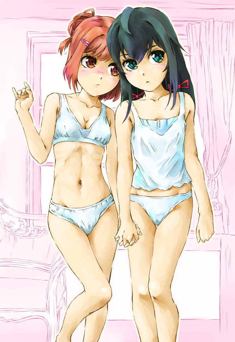 \n/ black_hair blush bra breasts cleavage clenched_hand closed_mouth collarbone commentary curtains eyebrows_visible_through_hair green_eyes hair_bun hair_ornament hair_ribbon hairclip highres holding_hands indoors interlocked_fingers leg_up legs light_frown long_hair looking_at_another looking_at_viewer marutaya midriff multiple_girls navel panties pink_hair red_eyes red_ribbon ribbon ribs shirt short_hair side-by-side skindentation small_breasts standing standing_on_one_leg tank_top thigh_gap underwear underwear_only white_bra white_panties white_shirt window yahari_ore_no_seishun_lovecome_wa_machigatteiru. younger yuigahama_yui yukinoshita_yukino yuri