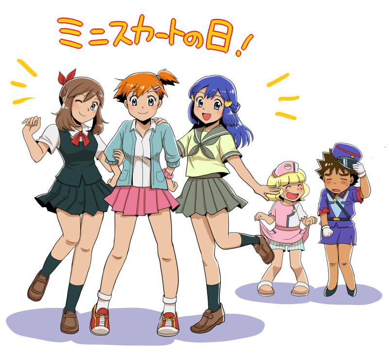 3girls :d ;) alternate_costume black_skirt blue_eyes blue_hair blue_hat blue_jacket blue_skirt blush bow brown_footwear brown_hair cosplay crossdressing dress_shirt embarrassed full_body gintarou_(puipuiginta) gloves grey_neckwear grey_sailor_collar grey_skirt hair_bow hair_ornament hairclip hand_on_another's_shoulder haruka_(pokemon) hat hikari_(pokemon) jacket kasumi_(pokemon) leg_up lifted_by_self loafers long_hair looking_at_viewer miniskirt multiple_boys multiple_girls neck_ribbon one_eye_closed one_side_up open_clothes open_jacket open_mouth orange_hair pencil_skirt pink_scrunchie pink_skirt pleated_skirt pokemon pokemon_(anime) pokemon_(classic_anime) pokemon_ag pokemon_dp_(anime) police police_hat police_uniform policewoman red_bow red_ribbon ribbon sailor_collar satoshi_(pokemon) school_uniform scrunchie serafuku shiny shiny_hair shirt shoes short_sleeves side_slit skirt skirt_lift smile sneakers socks spiked_hair standing standing_on_one_leg striped sweatdrop takeshi_(pokemon) uniform vertical_stripes white_gloves white_legwear white_shirt wrist_scrunchie yellow_shirt