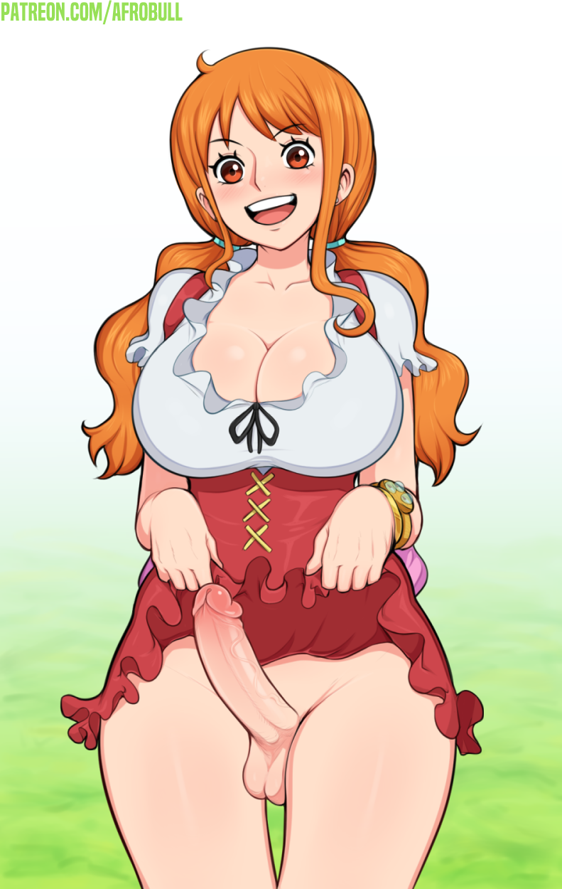 afrobull blush bracelet breasts cleavage collarbone erection frills full-package_futanari futanari gradient gradient_background green_background happy jewelry large_breasts looking_at_viewer nami_(one_piece) no_panties one_piece open_mouth orange_eyes orange_hair penis short_sleeves skirt skirt_lift smile standing thigh_gap tongue twintails upper_teeth