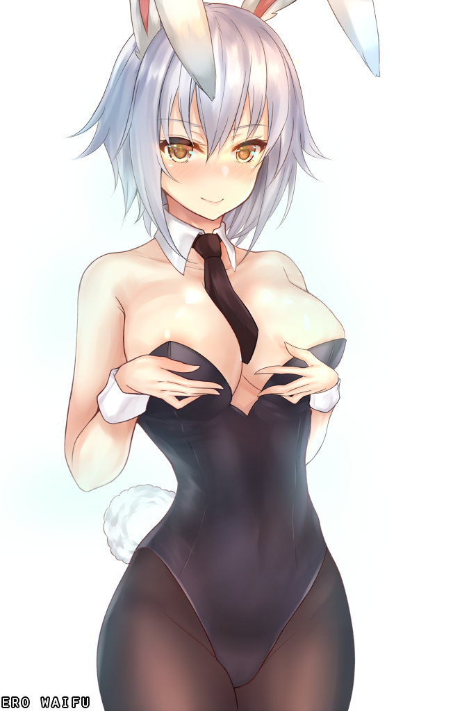 animal_ears areola_slip areolae artist_name bare_shoulders battle_bunny_riven between_breasts black_legwear black_leotard blush breast_hold breasts bunny_ears bunny_girl bunny_tail bunnysuit covered_navel detached_collar ero_waifu large_breasts league_of_legends leotard looking_at_viewer necktie necktie_between_breasts nose_blush pantyhose riven_(league_of_legends) short_hair silver_hair solo strapless strapless_leotard tail yellow_eyes