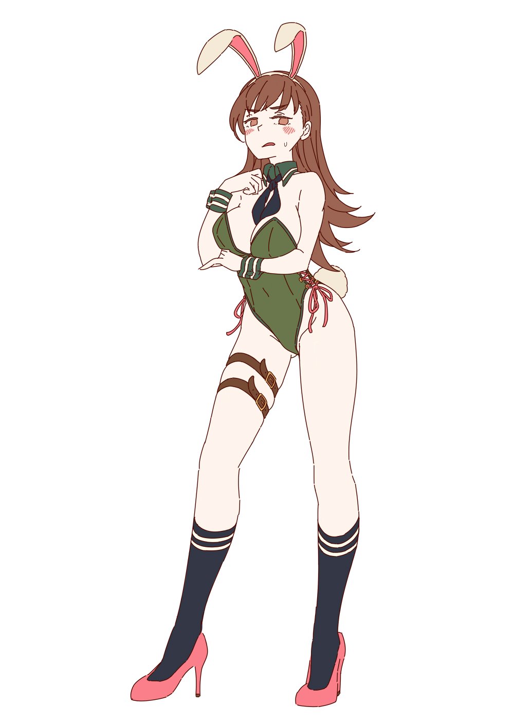 alternate_costume animal_ears bangs bare_shoulders black_legwear black_neckwear breast_hold breasts brown_eyes brown_hair bunny_ears bunny_tail bunnysuit detached_collar disgust eyebrows_visible_through_hair full_body groin high_heels highleg highres kantai_collection leotard long_hair looking_at_viewer looking_down looking_to_the_side mikeco no_pupils ooi_(kantai_collection) pink_footwear simple_background socks solo strapless strapless_leotard sweatdrop tail thigh_strap thighs white_background wrist_cuffs