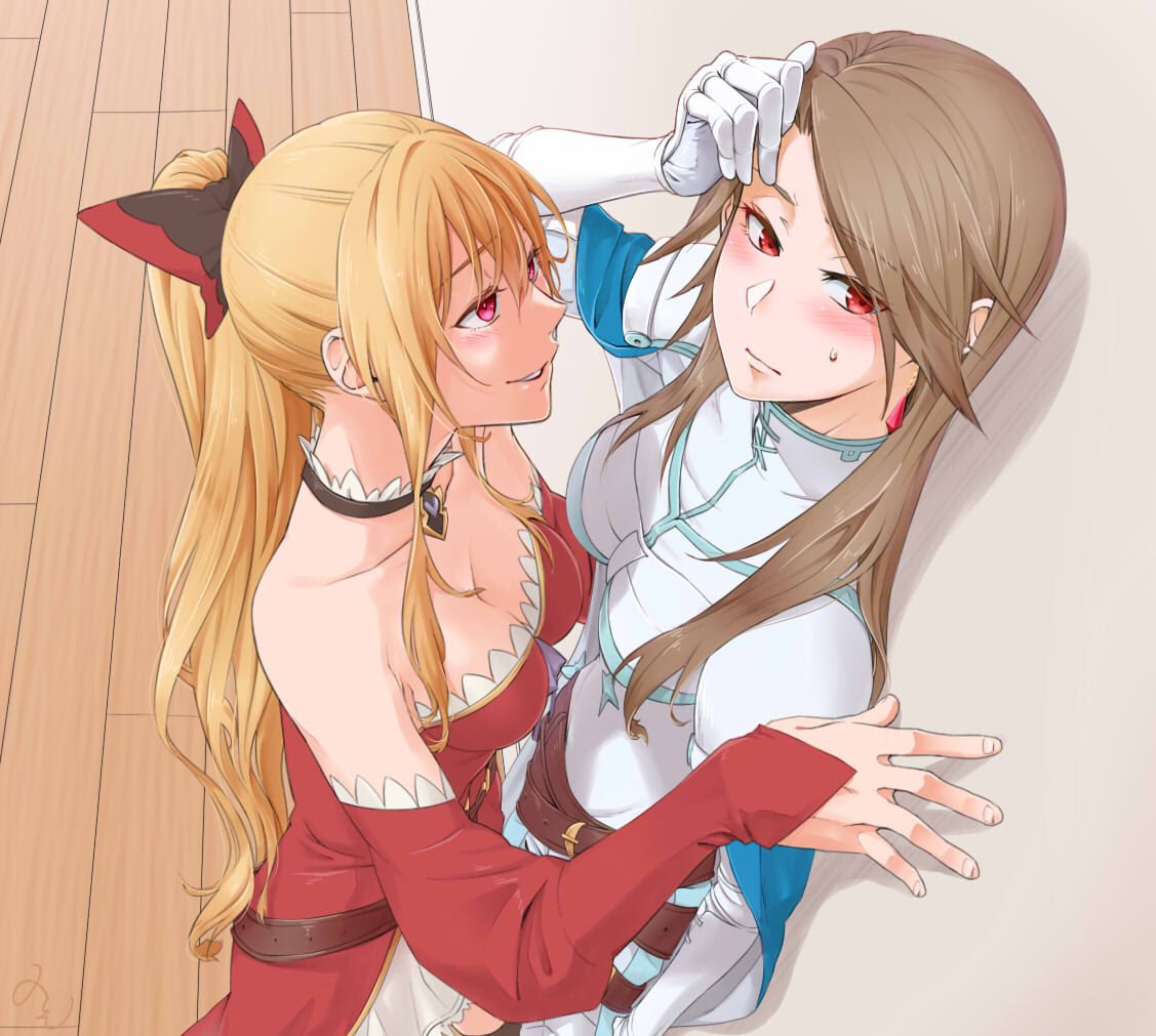 bare_shoulders black_bow blonde_hair blush bow breasts brown_hair choker cleavage from_above gloves granblue_fantasy grin hair_bow katalina_aryze long_hair looking_at_another looking_away medium_breasts miso-ha_(ukyuu) multiple_girls open_mouth ponytail red_bow red_eyes smile sweat vira_lilie wall_slam white_gloves wooden_floor yuri
