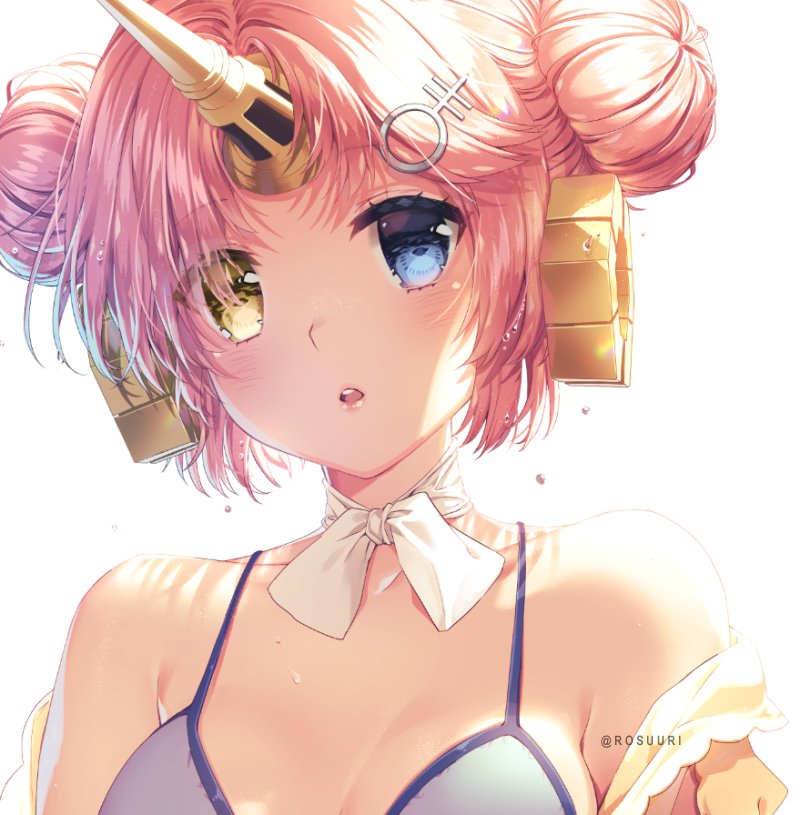 bare_shoulders blue_bikini_top blue_eyes breasts choker cleavage collarbone double_bun fate/grand_order fate_(series) frankenstein's_monster_(fate) frankenstein's_monster_(swimsuit_saber)_(fate) hair_ornament heterochromia horns open_mouth pink_hair ribbon ribbon_choker rosuuri short_hair sideboob simple_background small_breasts solo twitter_username upper_body white_background white_ribbon yellow_eyes