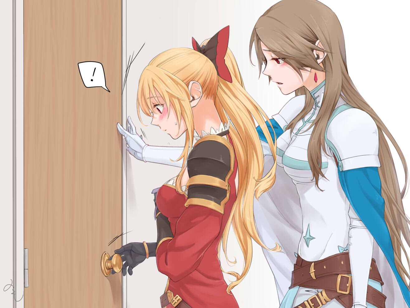 2girls black_bow black_gloves blonde_hair blush bow brown_hair commentary_request door doorknob from_side gloves granblue_fantasy hair_bow katalina_aryze long_hair looking_at_another looking_down miso-ha_(ukyuu) multiple_girls open_mouth ponytail profile red_bow red_eyes spoken_exclamation_mark sweat upper_body vira_lilie white_gloves yuri