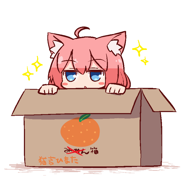 ahoge animal_ear_fluff animal_ears bangs blue_eyes blush_stickers box cardboard_box cat_ears eyebrows_visible_through_hair hair_between_eyes hinata_channel in_box in_container looking_at_viewer mikan_box naga_u nekomiya_hinata parted_lips peeking_out pink_hair solo sparkle translated virtual_youtuber white_background