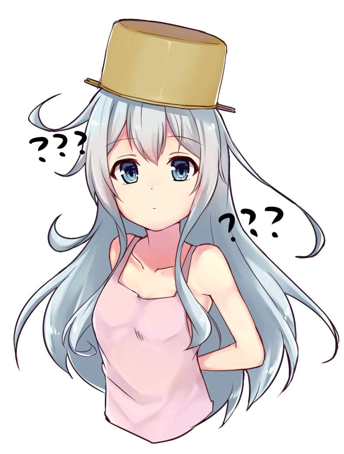 ? apron arms_behind_back blue_eyes collarbone cropped_torso eyebrows_visible_through_hair floating_hair hibiki_(kantai_collection) highres kantai_collection long_hair looking_at_viewer pink_apron pot pot_on_head silver_hair simple_background solo very_long_hair white_background zhi_zhi/zu_zu