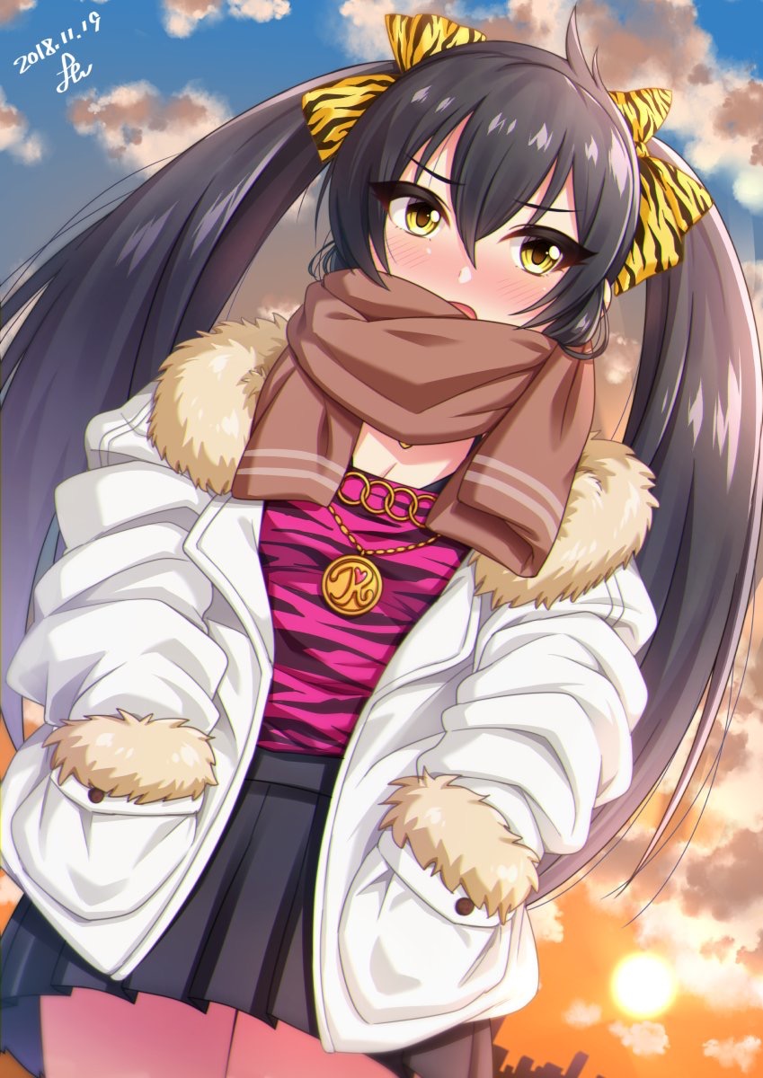 animal_print bangs black_hair black_skirt blue_sky blush breasts brown_neckwear cleavage commentary_request dated eyelashes fur-trimmed_jacket fur_trim hair_between_eyes hair_ribbon hands_in_pockets highres hips idolmaster idolmaster_cinderella_girls jacket jewelry long_hair looking_at_viewer matoba_risa necklace open_clothes open_jacket open_mouth pendant pink_camisole pleated_skirt print_ribbon ribbon scarf skirt sky small_breasts solo tiger_stripes twintails white_jacket yellow_eyes yellow_ribbon yoohi