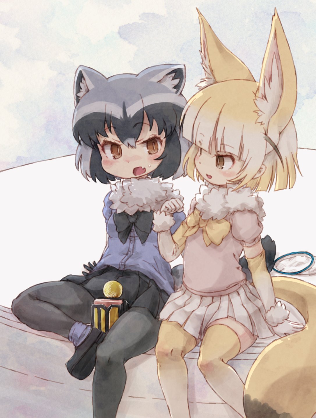 animal_ears blonde_hair bow bowtie butterfly_net commentary_request common_raccoon_(kemono_friends) elbow_gloves eyebrows_visible_through_hair fang fennec_(kemono_friends) food food_on_face fox_ears fox_tail fur_collar fur_trim gloves grey_hair hand_net highres kemono_friends kolshica multicolored_hair multiple_girls open_mouth pantyhose pleated_skirt puffy_short_sleeves puffy_sleeves raccoon_ears raccoon_tail rice rice_on_face short_hair short_sleeves sitting skirt tail thighhighs white_hair zettai_ryouiki