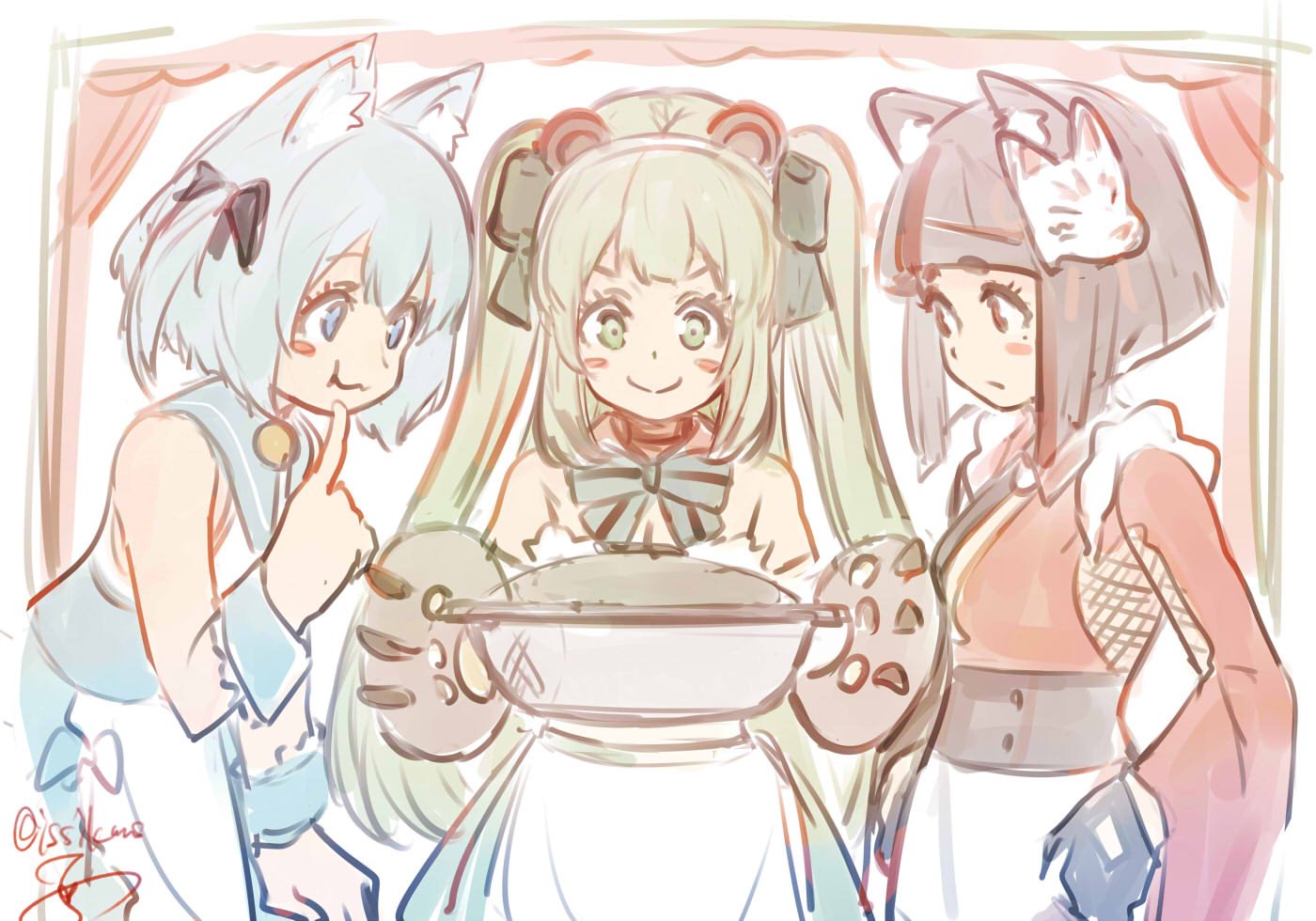 :t animal_ears animare bangs black_hair blue_eyes blue_hair blunt_bangs blush bow bowtie brown_eyes cat_ears commentary finger_to_mouth fox_ears fox_mask gloves green_eyes green_hair hinokuma_ran holding inari_kuromu isshiki_(ffmania7) japanese_clothes kuromu_channel long_hair mask mask_on_head multiple_girls paw_gloves paws pot short_hair signature sketch smile souya_ichika symbol_commentary twintails two_side_up virtual_youtuber wavy_mouth