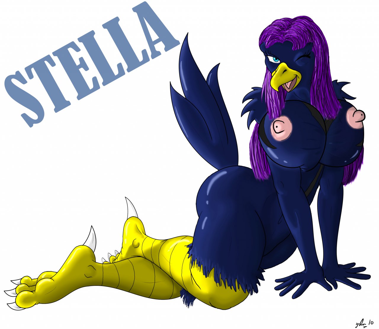 2010 3_toes anthro avian beak big_breasts bird blue_eyes blue_feathers breasts claws digital_media_(artwork) feathers feet female hair huge_breasts long_hair looking_at_viewer nipples non-mammal_breasts nude one_eye_closed open_mouth pose purple_hair signature simple_background solo stella_(dragonofdarkness1992) toe_claws toes white_background wink zp92