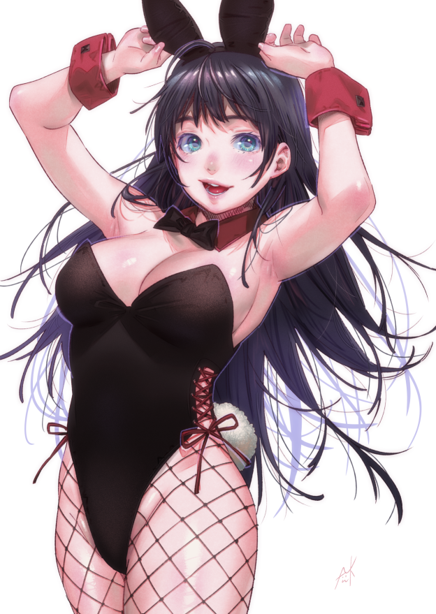 animal_ears armpits arms_up bad_id bad_pixiv_id black_hair black_hairband blue_eyes blush breasts bunny_ears bunny_tail bunnysuit cleavage cowboy_shot fake_animal_ears fishnet_pantyhose fishnets hairband kamiyama_aya large_breasts lips long_hair looking_at_viewer messy_hair open_mouth original pantyhose red_ribbon ribbon simple_background smile solo standing tail white_background wrist_cuffs