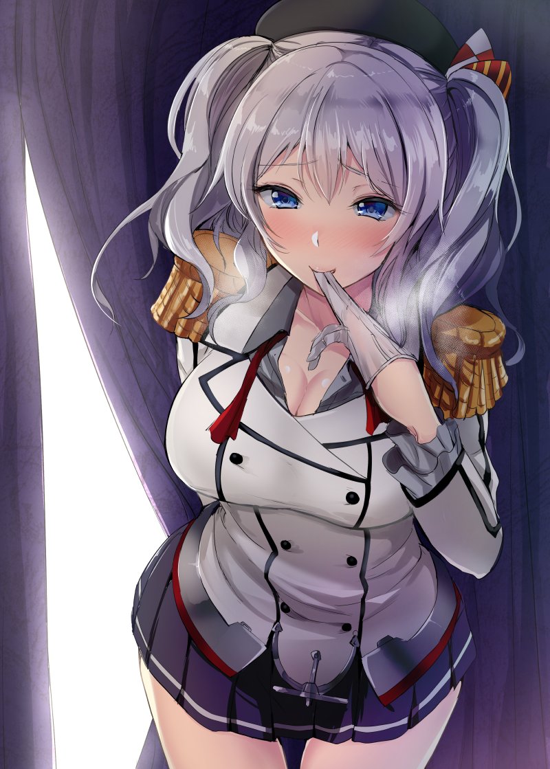 biting black_hat blue_eyes blush breasts buttons cleavage commentary_request curtains epaulettes frilled_sleeves frills gin'ichi_(akacia) glove_biting gloves hat jacket kantai_collection kashima_(kantai_collection) large_breasts long_sleeves military military_jacket military_uniform miniskirt pleated_skirt red_neckwear sidelocks silver_hair skirt twintails uniform wavy_hair white_gloves white_jacket