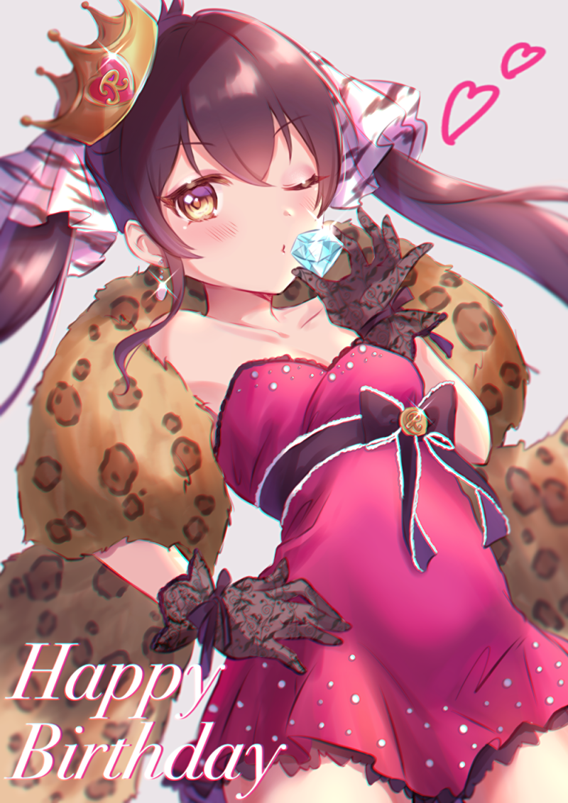 animal_print anoa bangs bare_shoulders black_gloves black_hair black_ribbon blush breasts cleavage collarbone commentary_request crown dress earrings eyelashes fur_trim gem gloves grey_background hair_between_eyes hair_ribbon hand_on_hip happy_birthday hips idolmaster idolmaster_cinderella_girls jewelry leopard_print long_hair looking_at_viewer matoba_risa one_eye_closed open_mouth pink_dress print_ribbon ribbon short_dress simple_background small_breasts solo tiger_stripes twintails white_ribbon yellow_eyes