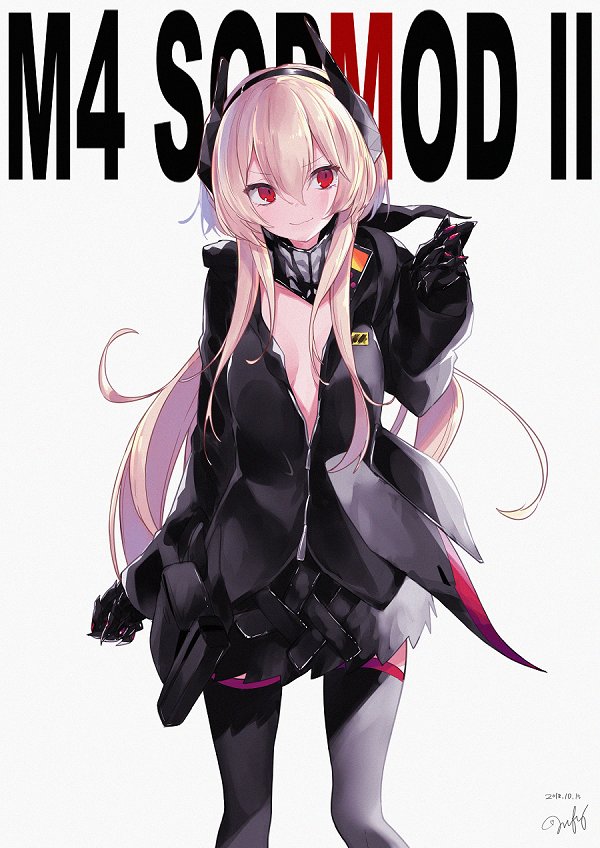 bangs black_jacket black_legwear breasts character_name closed_mouth coat commentary_request eyebrows_visible_through_hair girls_frontline hair_between_eyes headgear jacket long_hair m4_sopmod_ii_(girls_frontline) mechanical_arm mimelond multicolored_hair open_clothes open_coat partially_unbuttoned pink_hair red_eyes small_breasts smile solo streaked_hair thighhighs