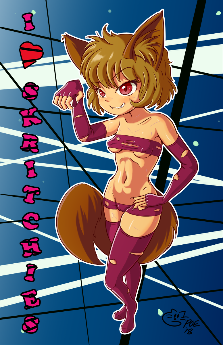 &lt;3 2018 5_fingers abstract_background animal_humanoid armwear biped blue_background breasts brown_ears brown_hair brown_tail camel_toe claws clothed clothing dog_humanoid elbow_gloves english_text eyebrows eyelashes female fingerless_gloves fluffy fluffy_tail full-length_portrait gloves hair hand_on_hip high-angle_view humanoid inner_ear_fluff legwear navel nipple_bulge poethewondercat portrait pose purple_eyes raised_eyebrow scratches short_hair shorts simple_background skimpy small_breasts smile solo standing stockings teenager teeth text thigh_highs under_boob young