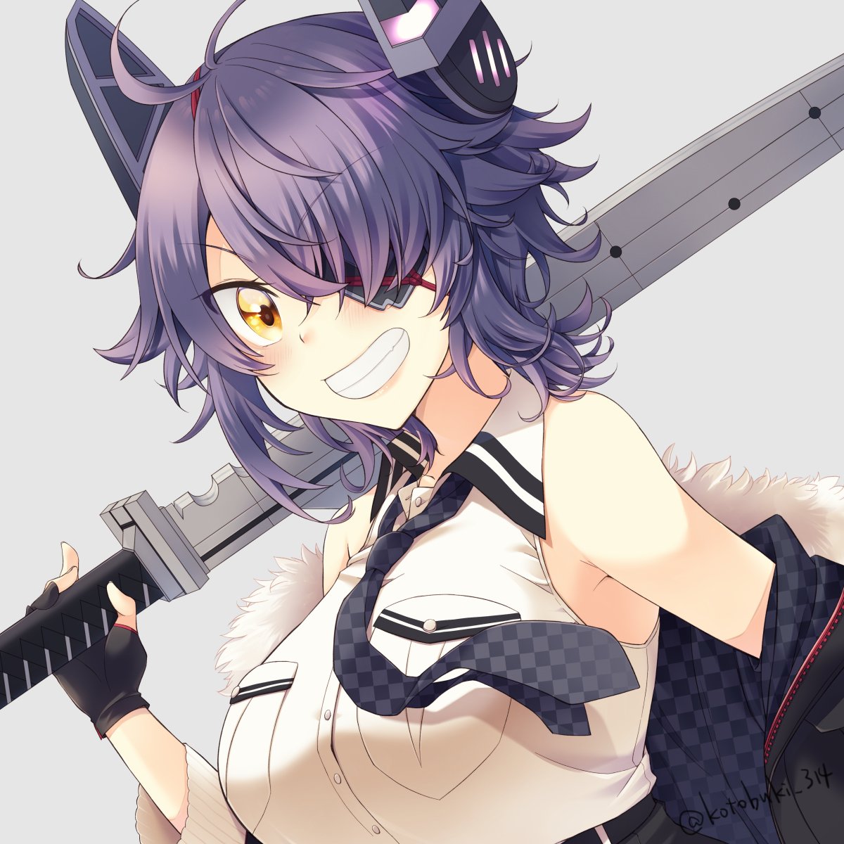 antenna_hair artist_name black_gloves breast_pocket breasts brown_eyes checkered checkered_neckwear collarbone collared_shirt eyebrows_visible_through_hair eyepatch fur-trimmed_jacket fur_trim gloves grin hair_over_one_eye highres holding holding_sword holding_weapon jacket kantai_collection kotobuki_(momoko_factory) large_breasts necktie parted_lips partly_fingerless_gloves pocket purple_hair remodel_(kantai_collection) shirt short_hair smile solo sword teeth tenryuu_(kantai_collection) twitter_username upper_body weapon white_shirt