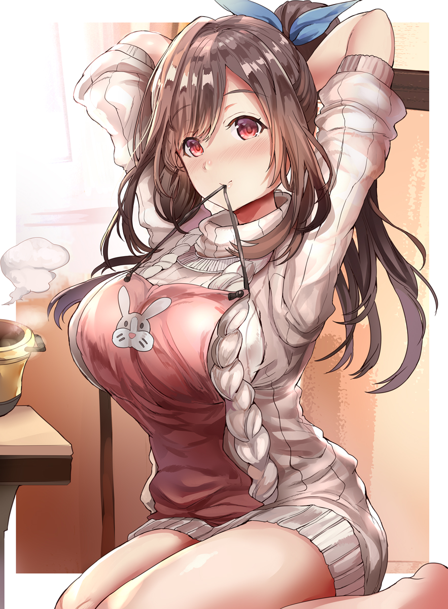 animal_print apron aran_sweater arms_behind_head bangs blue_bow blush bow breasts brown_eyes brown_hair bunny_print commentary_request day dress eyebrows_visible_through_hair hair_bow highres himuro_(dobu_no_hotori) idolmaster idolmaster_shiny_colors indoors large_breasts long_hair looking_at_viewer mouth_hold ponytail pot sitting sleeves_rolled_up smile solo steam sweater sweater_dress swept_bangs table tsukioka_kogane turtleneck turtleneck_sweater wariza white_sweater window
