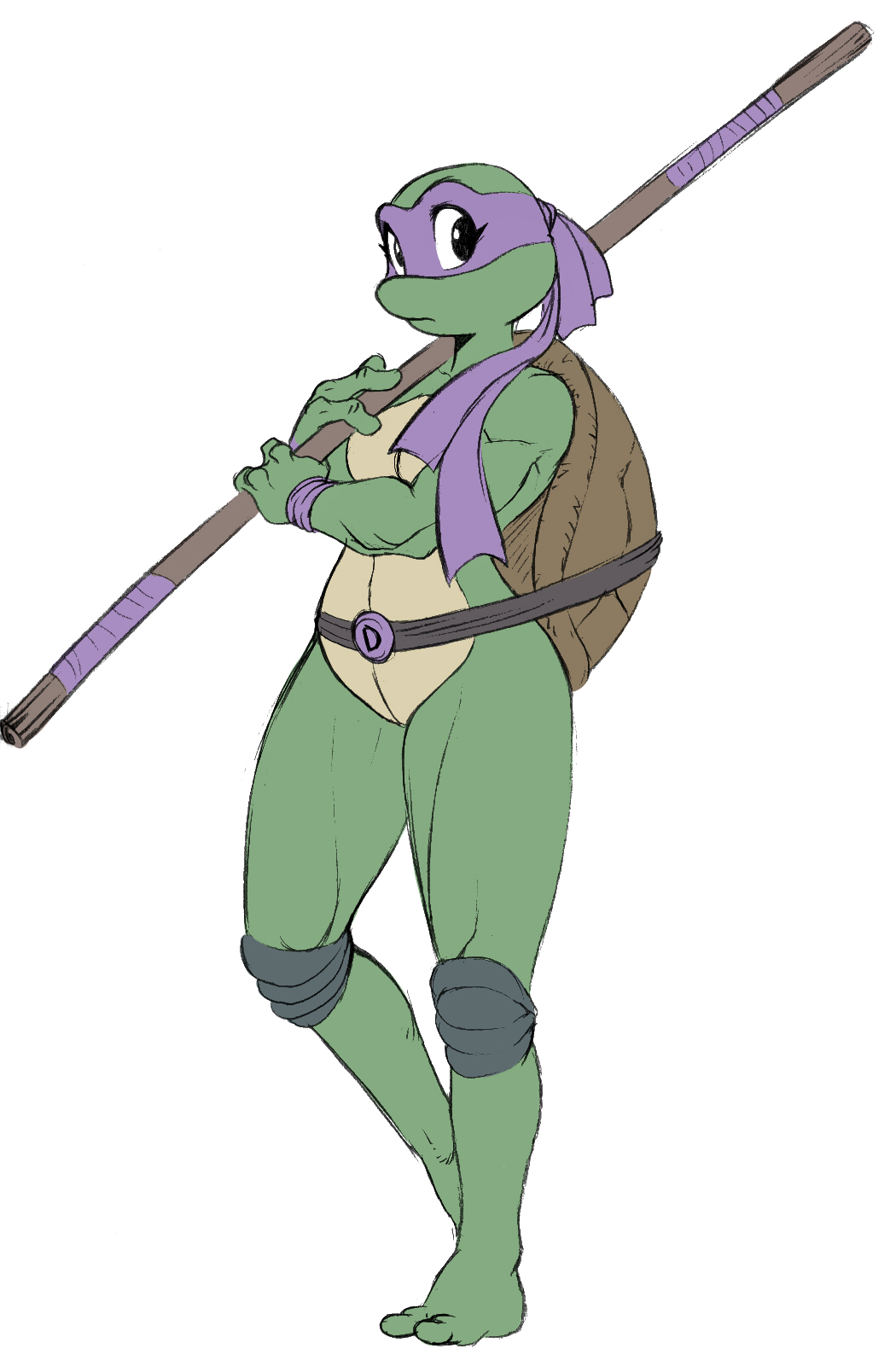 2013 anthro belt breasts chochi crossgender donatello_(tmnt) female hi_res knee_pads melee_weapon non-mammal_breasts polearm reptile scalie shell simple_background solo staff teenage_mutant_ninja_turtles turtle weapon white_background
