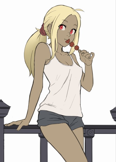 against_railing ahoge alternate_hairstyle arm_support ass bangs black_shorts blonde_hair breasts casual closed_mouth collarbone ears eyebrows_visible_through_hair eyes_visible_through_hair food gravity_daze gravity_daze_2 kitten_(gravity_daze) legs looking_at_viewer low_ponytail mathias_leth meat medium_hair ponytail red_eyes red_scrunchie scrunchie shirt short_shorts shorts skewer small_breasts solo tank_top thighs white_background white_shirt