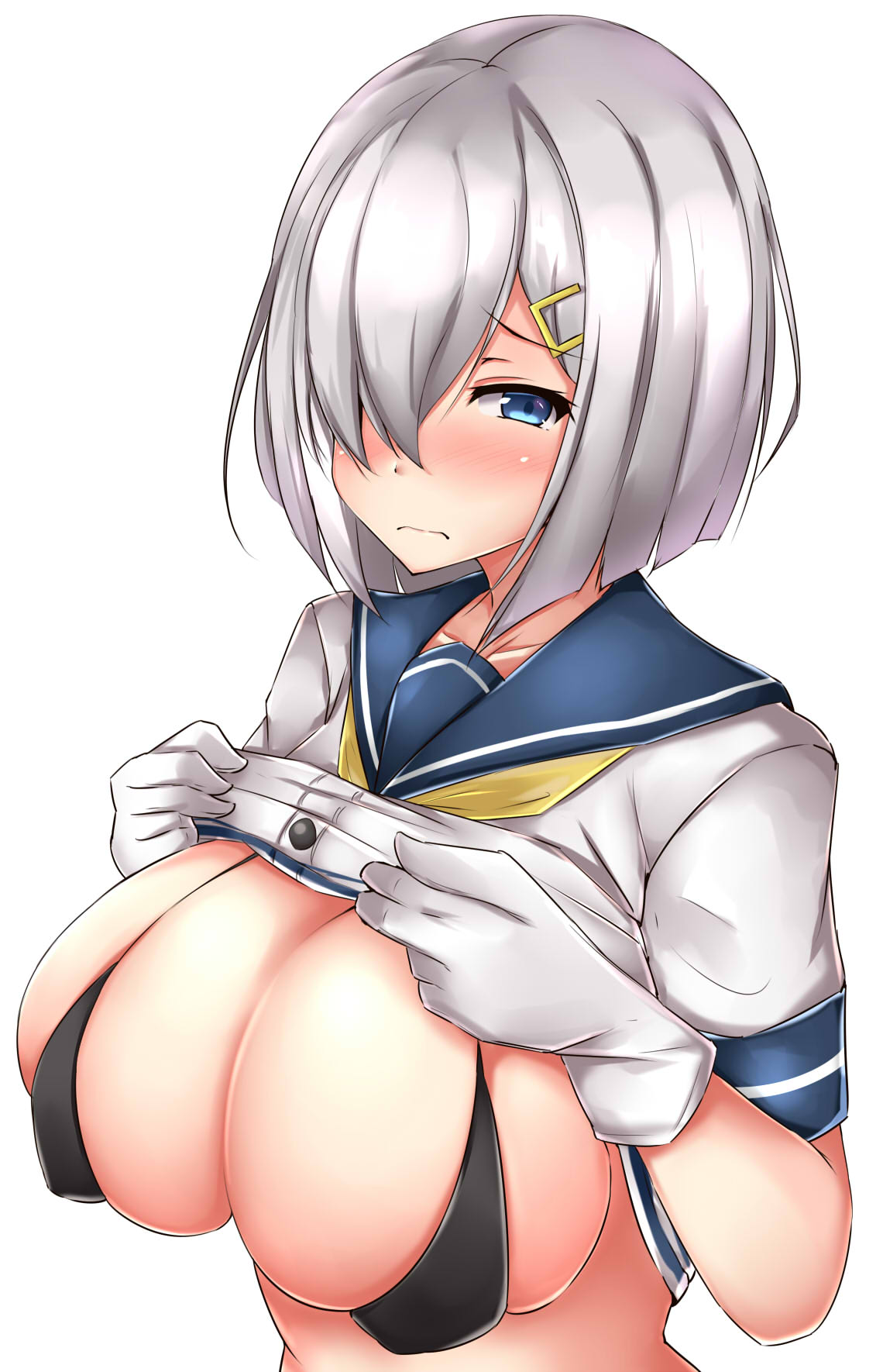 bikini bikini_under_clothes black_bikini blue_eyes blush breasts closed_mouth collarbone commentary_request embarrassed frown gloves hair_ornament hair_over_one_eye hairclip hamakaze_(kantai_collection) highres kantai_collection large_breasts lifted_by_self looking_at_viewer micro_bikini sailor_collar shirt_lift short_hair short_sleeves silver_hair simple_background solo swimsuit terakoya upper_body white_background white_gloves