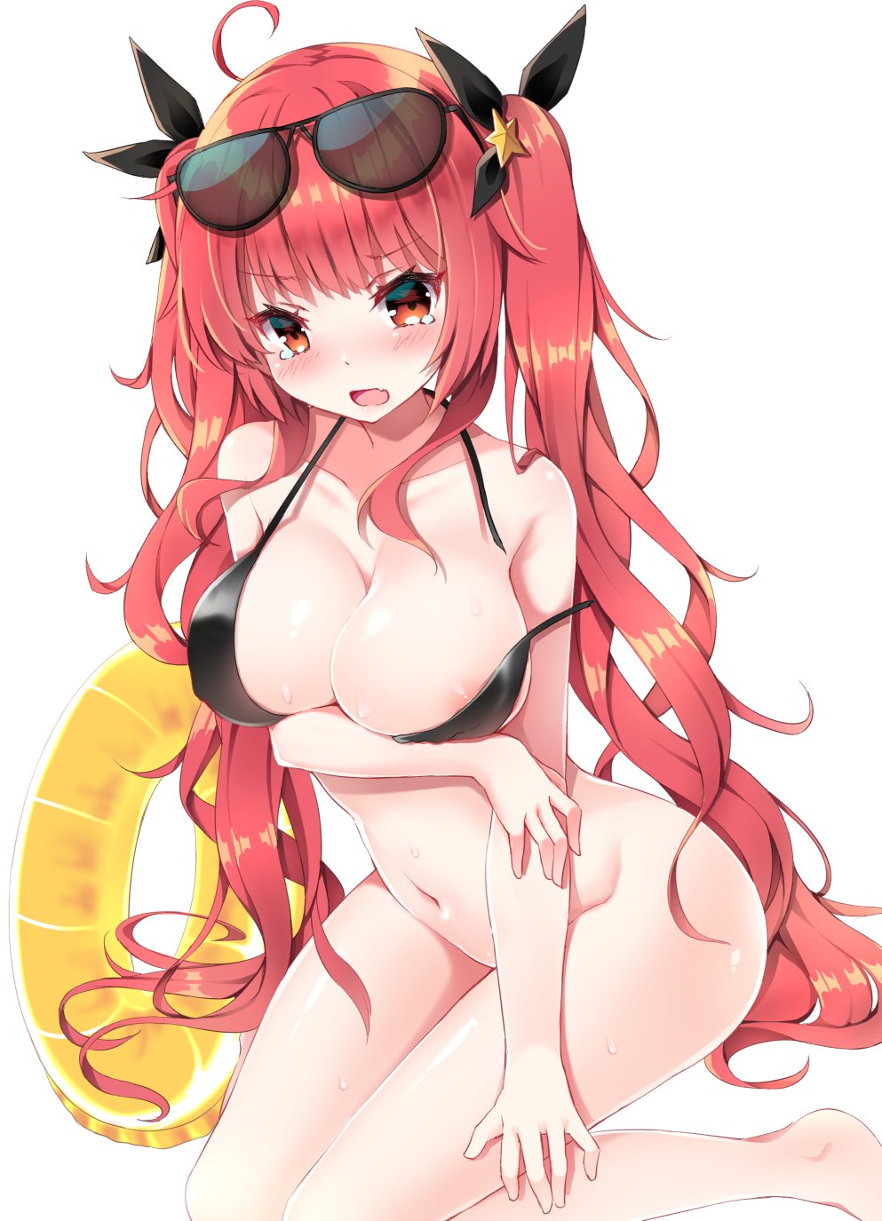 ahoge areolae arm_under_breasts azur_lane bangs bare_arms bare_shoulders barefoot bikini_top black_bikini_top black_ribbon blush bottomless breast_hold breasts cleavage collarbone commentary_request eyebrows_visible_through_hair eyewear_on_head fang hair_ornament hair_ribbon highres honolulu_(azur_lane) innertube karaage3 large_breasts long_hair looking_at_viewer navel open_mouth red_eyes red_hair ribbon sidelocks simple_background solo star star_hair_ornament sunglasses tears twintails v-shaped_eyebrows very_long_hair white_background yellow_innertube