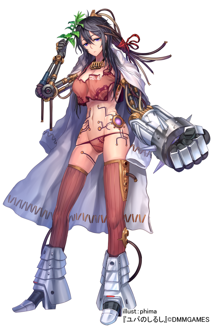 amputee artist_name black_hair breasts brown_legwear cleavage clenched_hand company_name cyborg full_body gauntlets grey_footwear groin hair_ribbon jacket_on_shoulders long_hair mechanical_arm medium_breasts midriff navel official_art panties phima pink_panties plant prosthesis purple_eyes red_ribbon ribbon simple_background skindentation solo thighhighs underwear white_coat yuba_no_shirushi