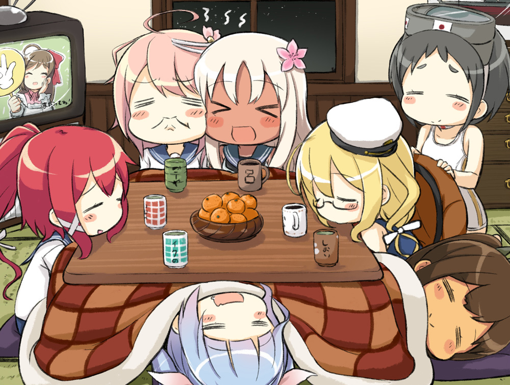 &gt;_&lt; :d =_= ahoge black_hair blonde_hair blue_hair blue_sailor_collar brown_hair closed_eyes commentary_request diving_mask diving_mask_on_head engiyoshi flower food fruit glasses green_tea hair_flower hair_ornament i-168_(kantai_collection) i-19_(kantai_collection) i-401_(kantai_collection) i-58_(kantai_collection) i-8_(kantai_collection) kantai_collection kotatsu long_hair mamiya_(kantai_collection) mandarin_orange maru-yu_(kantai_collection) multiple_girls one-piece_swimsuit open_mouth pink_flower pink_hair ponytail red_hair ro-500_(kantai_collection) sailor_collar sailor_shirt school_swimsuit shirt short_hair smile swimsuit table tatami tea television white_shirt white_swimsuit xd