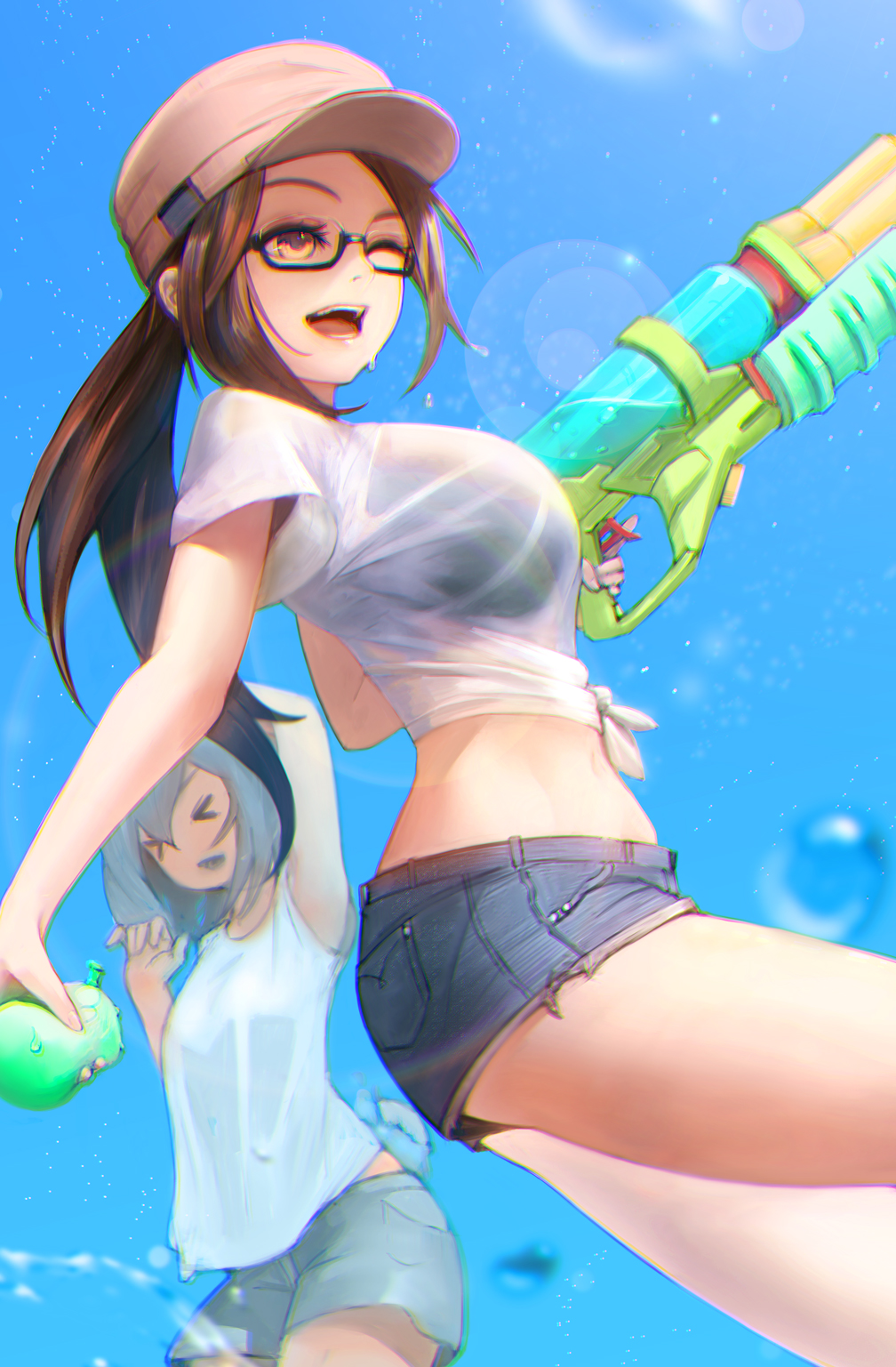 &gt;_&lt; :d air_bubble bare_arms bare_legs black-framed_eyewear blue_sky breasts brown_eyes brown_hair brown_hat bubble chromatic_aberration closed_eyes commentary_request cutoffs day denim denim_shorts glasses grey_hair hat highres hiragana_(gomasyabu) holding large_breasts lens_flare long_hair midriff multiple_girls one_eye_closed open_mouth original peaked_cap ponytail see-through semi-rimless_eyewear shirt short_shorts short_sleeves shorts sky smile splashing standing super_soaker tank_top teeth tied_shirt trigger_discipline under-rim_eyewear water_balloon wet wet_clothes wet_shirt white_shirt white_tank_top xd