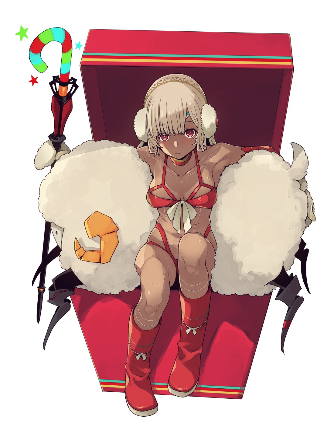 altera_(fate) altera_the_santa blush bodypaint boots box breasts cane collarbone covered_nipples dark_skin earmuffs eyebrows_visible_through_hair fate/grand_order fate_(series) gift gift_box highres imigimuru looking_at_viewer mittens navel red_eyes revealing_clothes sheep skindentation small_breasts solo veil white_hair
