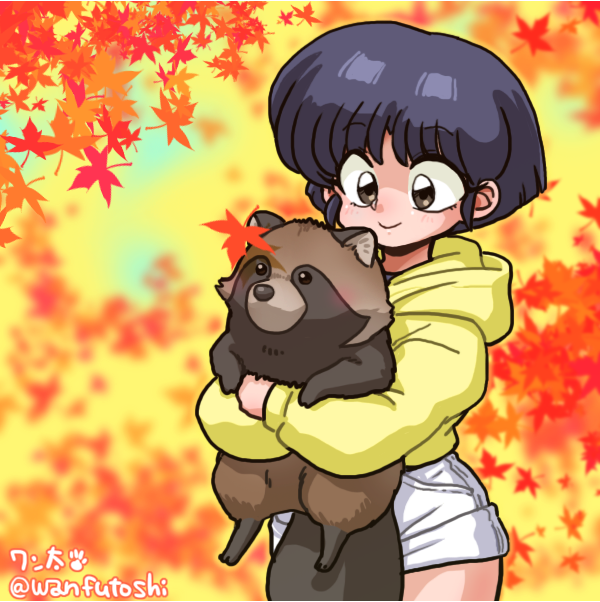 1girl animal brown_eyes holding ranma_1/2 shorts solo tagme tanuki tendou_akane wanta_(futoshi)