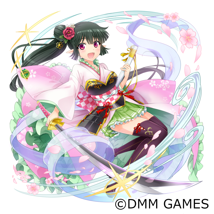 :d armor black_legwear breasts checkered dmm flower green_skirt hair_flower hair_ornament hijiri_creator_onna_gakuen holding holding_sword holding_weapon japanese_clothes katana kimono medium_breasts official_art open_mouth pink_eyes pink_flower pointy_ears sheath side_ponytail skirt smile sword thighhighs weapon white_background wide_sleeves