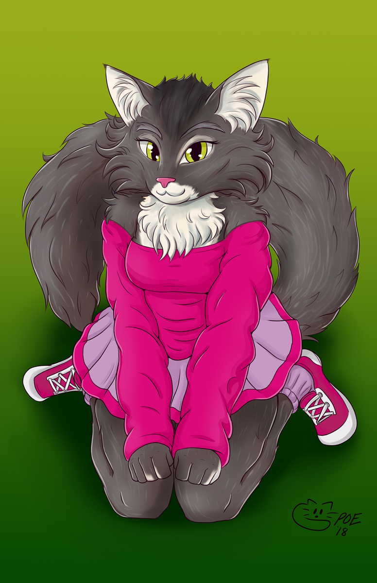 2018 5_fingers :3 anthro biped breasts cat clothing eyebrows eyelashes feline female fluffy fluffy_tail footwear fur green_background green_eyes grey_ears grey_eyebrows grey_fur grey_tail inner_ear_fluff kneeling legwear long_tail looking_at_viewer maine_coon mammal multicolored_fur neck_tuft pink_nose poethewondercat portrait shirt shoes simple_background skirt socks solo tuft two_tone_fur white_fur