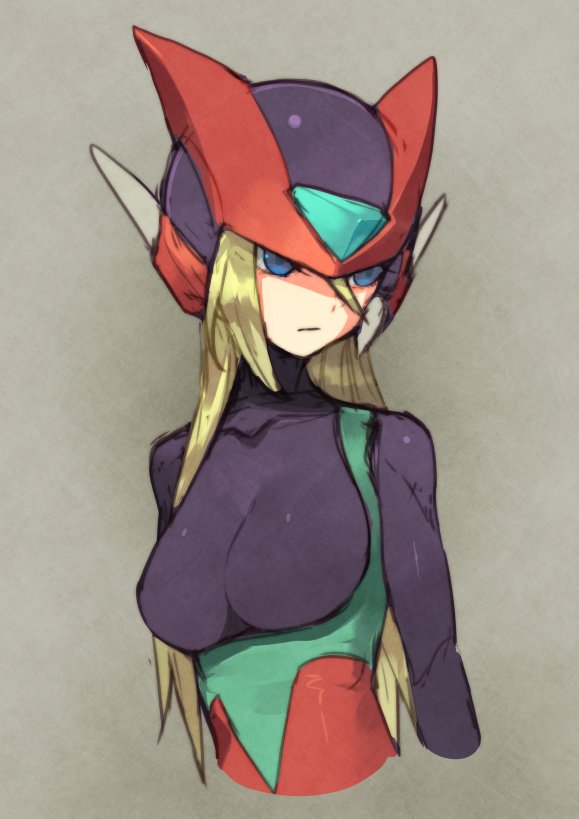 android blonde_hair blue_eyes bodysuit breasts commentary_request cropped_torso framed_breasts genderswap genderswap_(mtf) grey_background hair_between_eyes helmet impossible_bodysuit impossible_clothes kin_niku large_breasts long_hair looking_to_the_side rockman rockman_zero simple_background sketch solo upper_body zero_(rockman)
