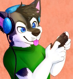 2015 anthro black_nose blue_eyes canine clothed clothing digital_media_(artwork) dog fur gaming headphones headset husky kiwicabbit_(artist) male mammal sleek_(character) solo tongue tongue_out video_games