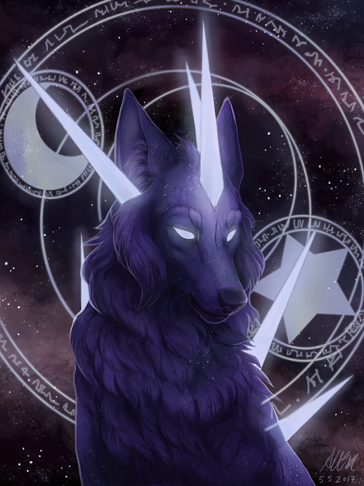 2017 ambiguous_gender aurru canine digital_media_(artwork) dog feral fur glowing glowing_eyes mammal purple_fur solo