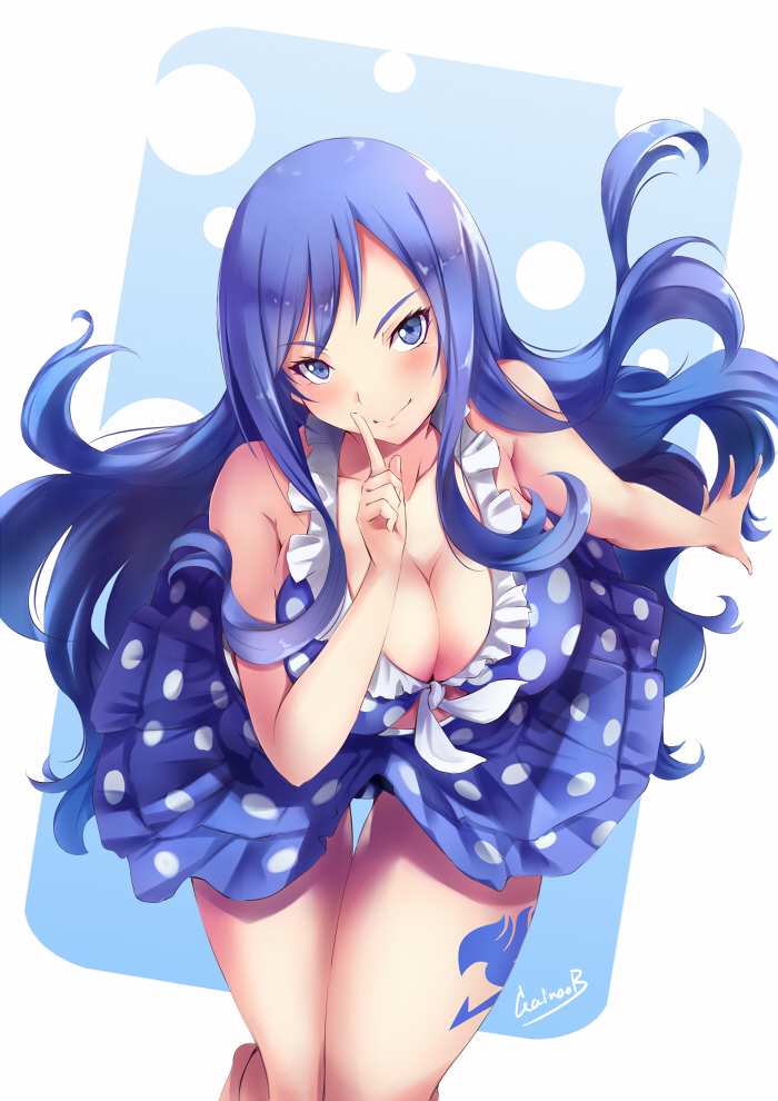 arm_up bare_shoulders bikini bikini_skirt blue_bikini blue_eyes blue_hair blush breasts cleavage closed_mouth collarbone commentary_request fairy_tail finger_to_mouth frilled_bikini frills front-tie_bikini front-tie_top gainoob juvia_lockser large_breasts long_hair looking_at_viewer polka_dot polka_dot_bikini signature simple_background smile solo swimsuit tattoo thigh_gap