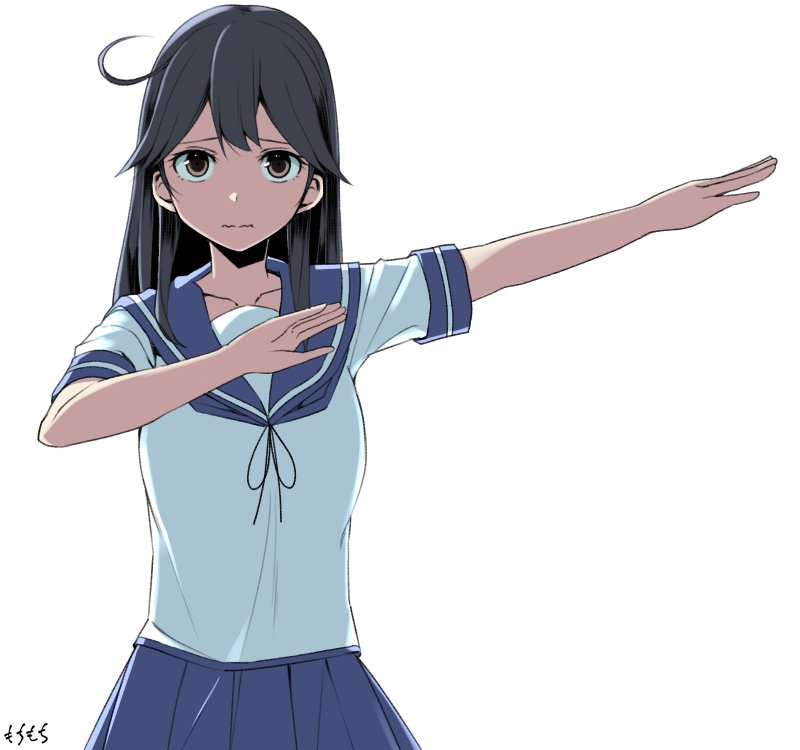 ahoge artist_name bangs black_hair blue_sailor_collar blue_skirt breasts brown_eyes collarbone commentary_request henshin_pose kamen_rider kantai_collection long_hair moti_coi neckerchief pleated_skirt pose sailor_collar school_uniform serafuku shaded_face short_sleeves simple_background skirt solo stretched_limb swept_bangs ushio_(kantai_collection) wavy_mouth white_background