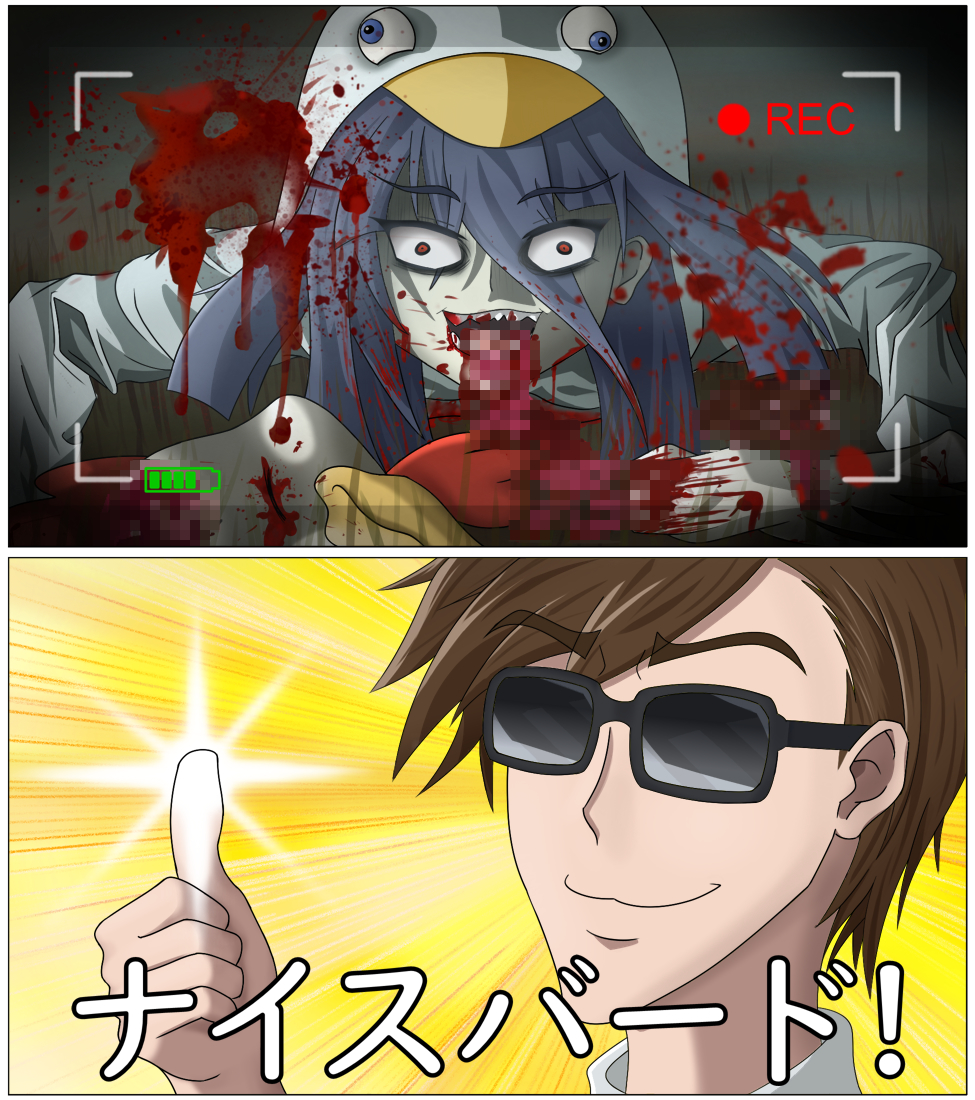 biting black_hair blood blood_splatter censored censored_violence chicken_costume commentary long_hair mosaic_censoring recording red_eyes sharp_teeth sunglasses tatsumi_koutarou teeth thumbs_up translated viewfinder wcmy2288 yamada_tae zombie zombie_land_saga