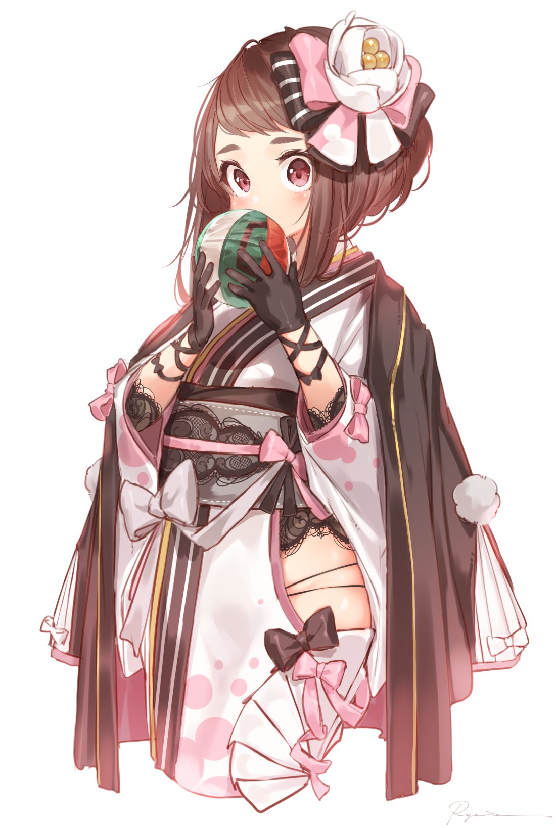 ball black_bow black_gloves blush boku_no_hero_academia bow brown_eyes brown_hair covered_mouth flower gloves hair_bow hair_flower hair_ornament hands_up highres hip_vent holding holding_ball japanese_clothes kimono long_sleeves looking_at_viewer obi pink_bow red_eyes ryota_(ry_o_ta) sash short_hair sidelocks simple_background solo striped striped_bow temari_ball thick_eyebrows uraraka_ochako white_background white_flower white_kimono