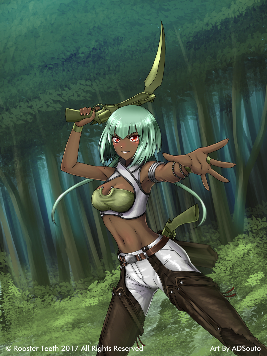 adsouto armlet artist_name bangs belt bracelet breasts cleavage dark_skin day emerald_sustrai eyebrows_visible_through_hair fighting_stance forest green_hair gun highres jewelry looking_at_viewer medium_breasts nature navel outdoors pants red_eyes rwby short_hair_with_long_locks smile solo standing watermark weapon