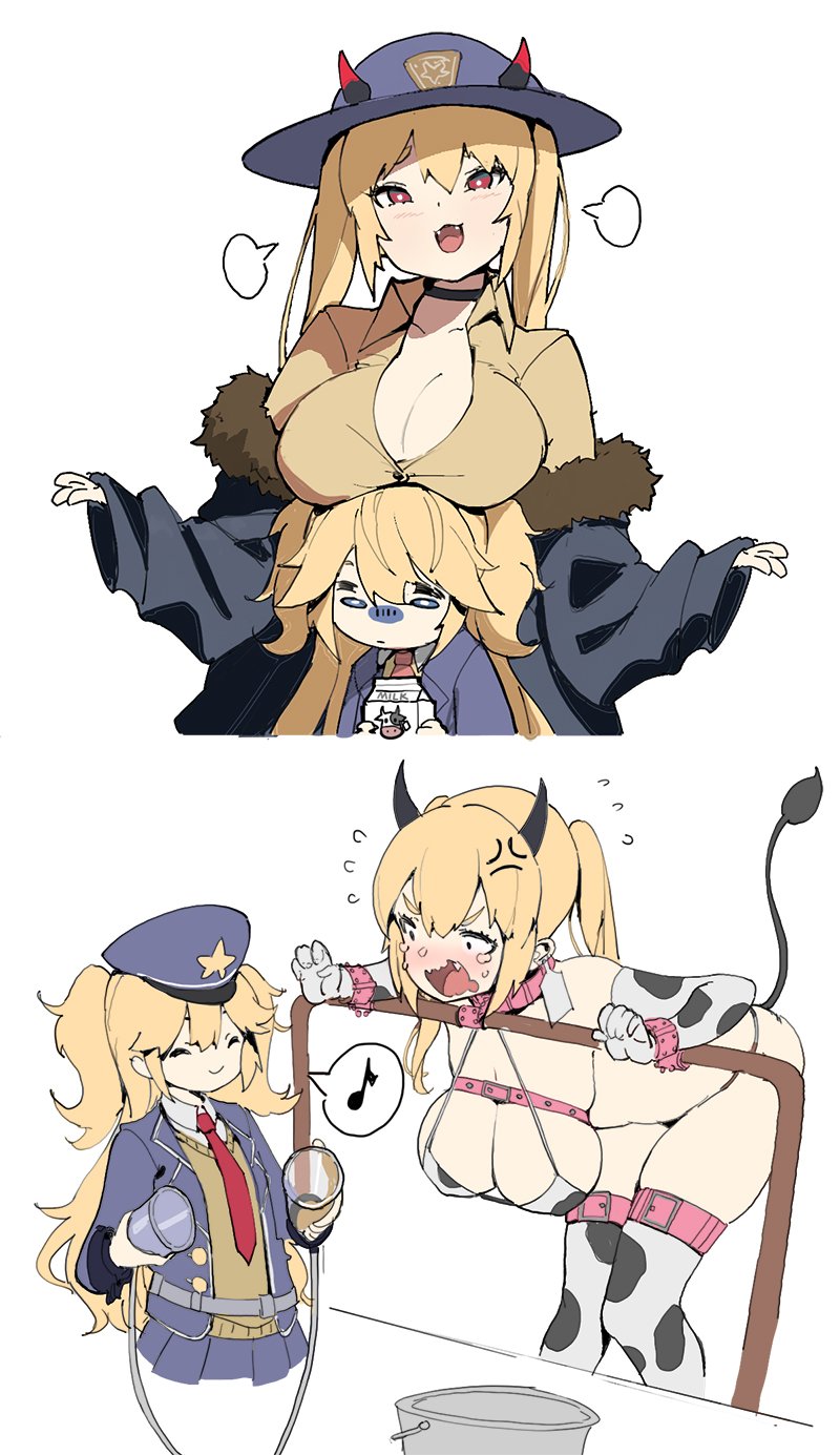 anger_vein blonde_hair blush breast_rest breasts breasts_on_head cleavage closed_eyes commentary cowboy_hat girls_frontline gloom_(expression) hat highres horns jacket large_breasts long_hair m870_(girls_frontline) multiple_girls musical_note necktie open_mouth police police_hat police_uniform smile super_shorty_(girls_frontline) thighhighs twintails uniform waterkuma white_background yuri