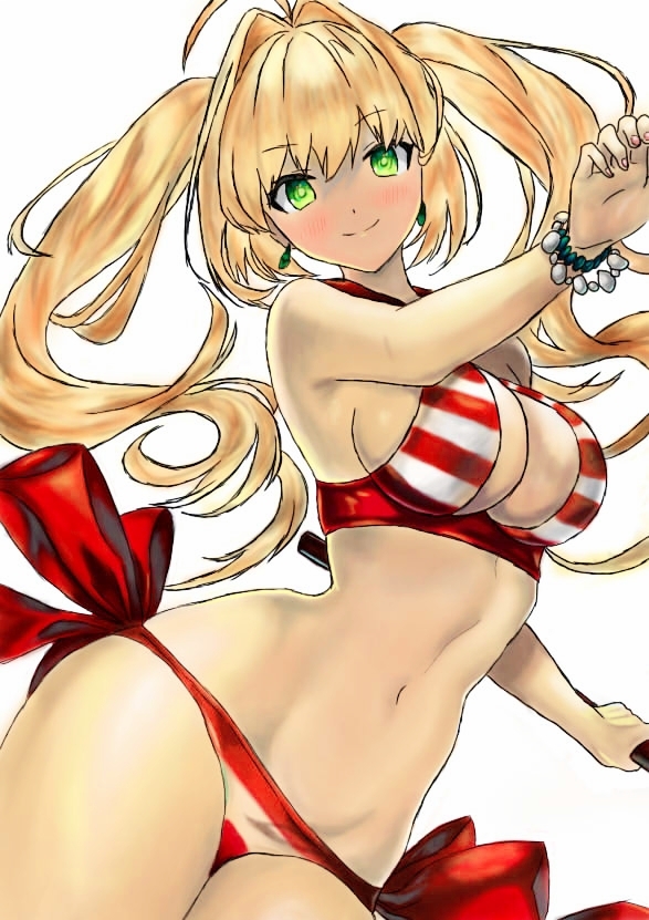 ahoge bangs bead_bracelet beads bikini bracelet breasts cleavage commentary_request criss-cross_halter earrings eyebrows_visible_through_hair fate/grand_order fate_(series) green_eyes hair_between_eyes hair_intakes halterneck jewelry large_breasts midriff navel nero_claudius_(fate)_(all) nero_claudius_(swimsuit_caster)_(fate) red_bikini side-tie_bikini smile striped striped_bikini swimsuit twintails white_background ycgame