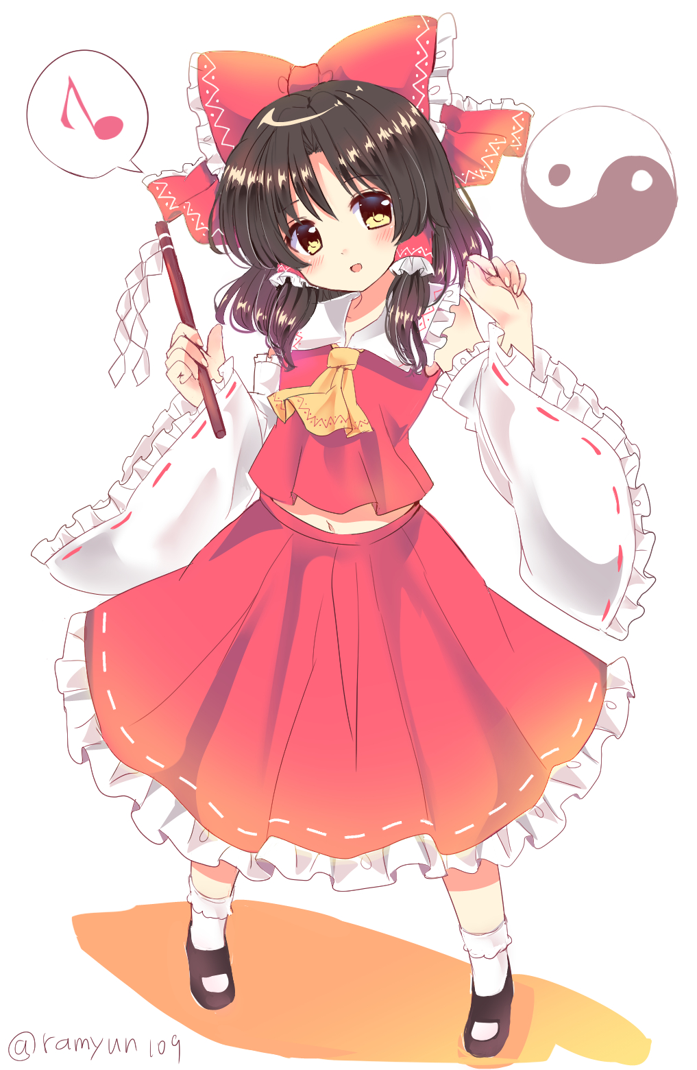 artist_name ascot bangs bare_shoulders black_footwear black_hair blush bow commentary_request detached_sleeves eighth_note eyebrows_visible_through_hair frilled_bow frilled_shirt_collar frilled_sleeves frills full_body gohei hair_tubes hakurei_reimu head_tilt highres holding long_hair long_sleeves looking_at_viewer mary_janes midriff musical_note navel open_mouth petticoat ramudia_(lamyun) red_bow red_skirt ribbon-trimmed_skirt ribbon-trimmed_sleeves ribbon_trim shide shoes sidelocks simple_background skirt skirt_set smile socks solo spoken_musical_note standing stomach touhou twitter_username white_background white_legwear wide_sleeves yellow_eyes yellow_neckwear yin_yang