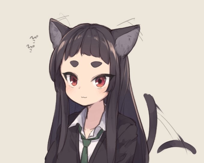 :3 afterimage animal_ear_fluff animal_ears black_sweater blush brown_background brown_hair cat_ears cat_tail closed_mouth collarbone collared_shirt commentary ear_wiggle green_neckwear kuranami_shiki long_hair looking_at_viewer natsuki_teru original red_eyes shirt short_eyebrows simple_background solo sweater tail tail_raised tail_wagging thick_eyebrows upper_body very_long_hair white_shirt